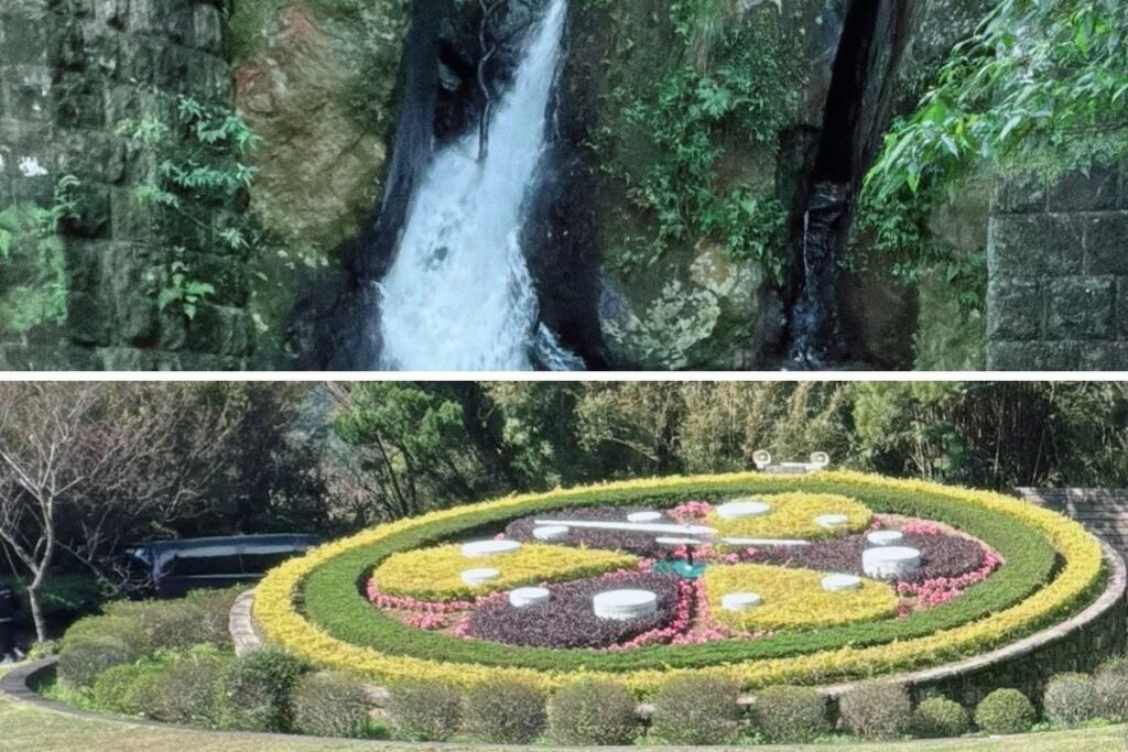 陽明山花鐘公園地標與大屯瀑布溪流景致