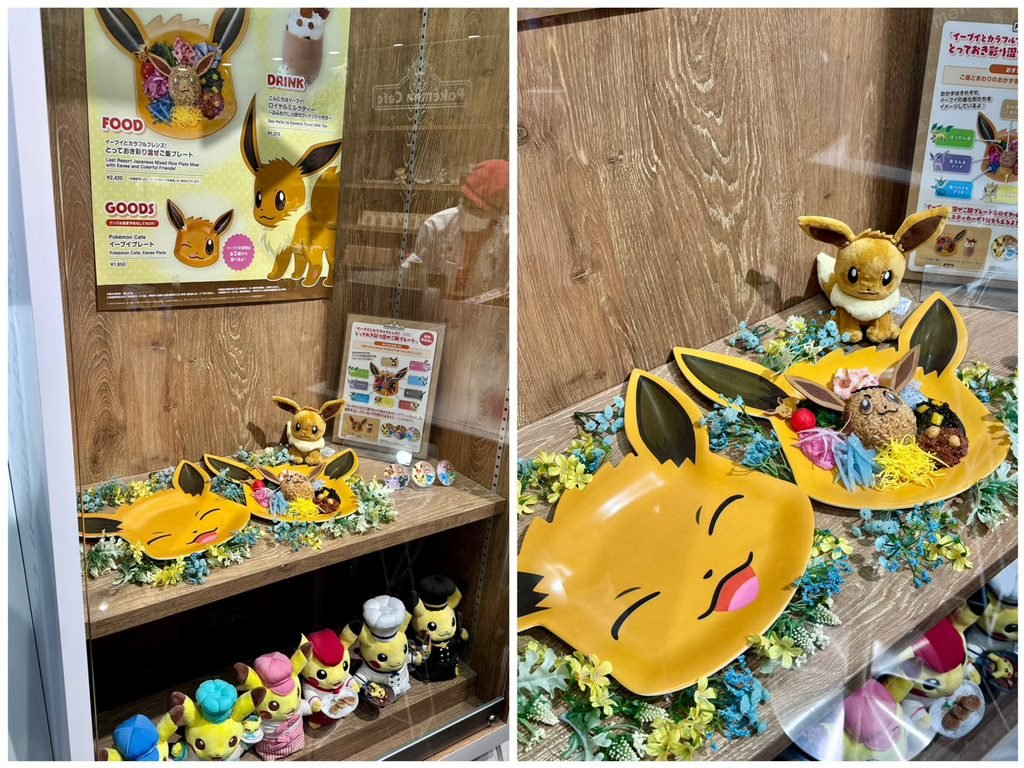 寶可夢咖啡廳櫃台旁伊布餐點模型與精緻周邊展示