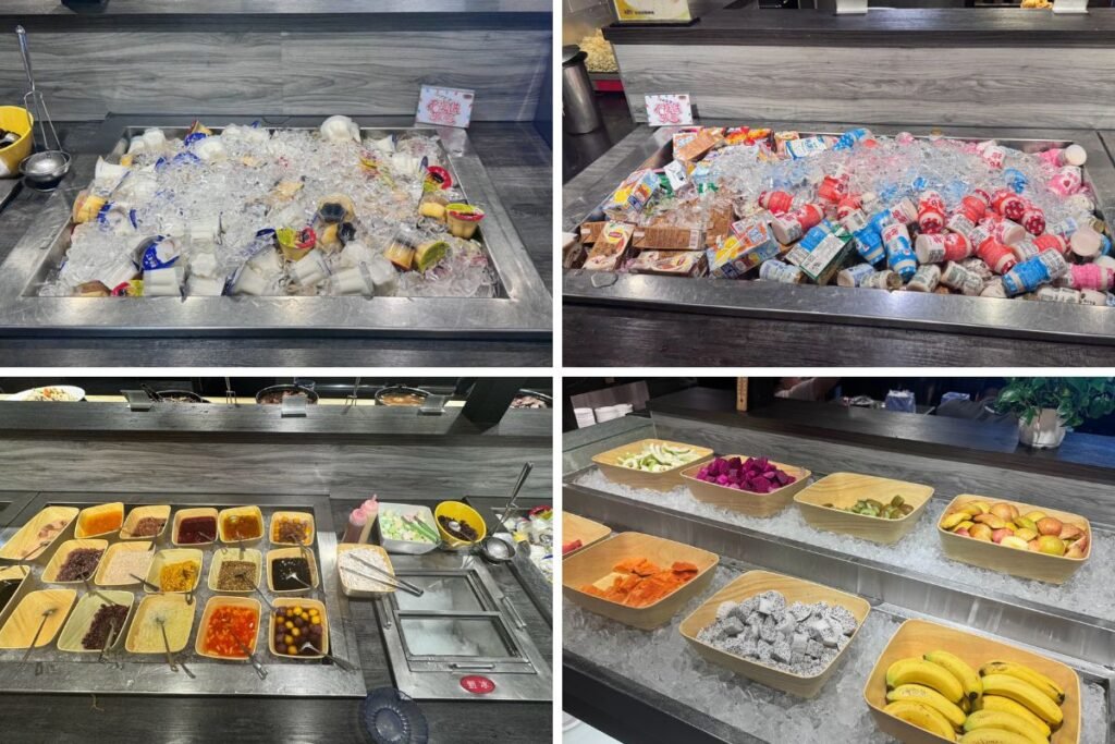 鮮友火鍋新鮮水果、布丁果凍、優酪乳、鋁箔包飲料與豐富配料剉冰區四格組圖