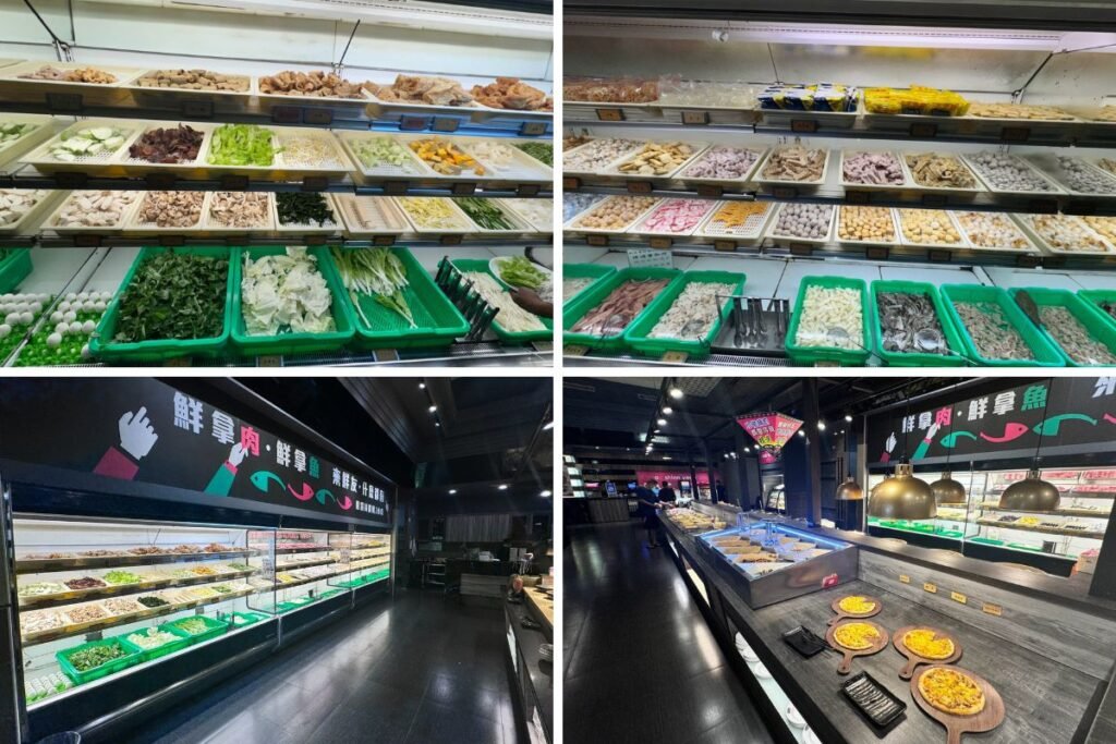 鮮友火鍋冷藏區內擺放整齊的火鍋料與蔬菜等豐富食材