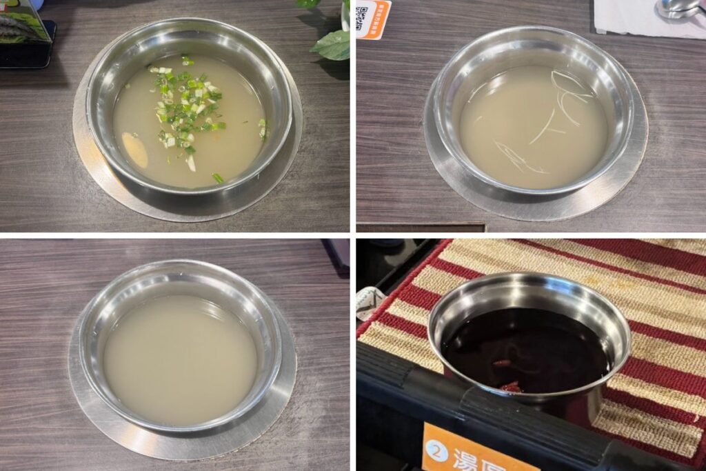 鮮友火鍋四種特色湯底（原味、昆布、味噌、藥膳）湯頭色澤與特色